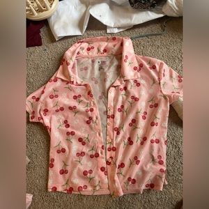 Hazel Moon Sheer Cherry Crop Top Button Up